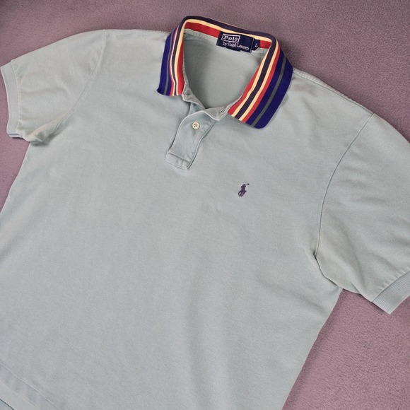 Ralph Lauren‎ Polo Shirt Mens Large Striped Collar Short Sleeve Classic Fit Golf - Picture 1 of 10